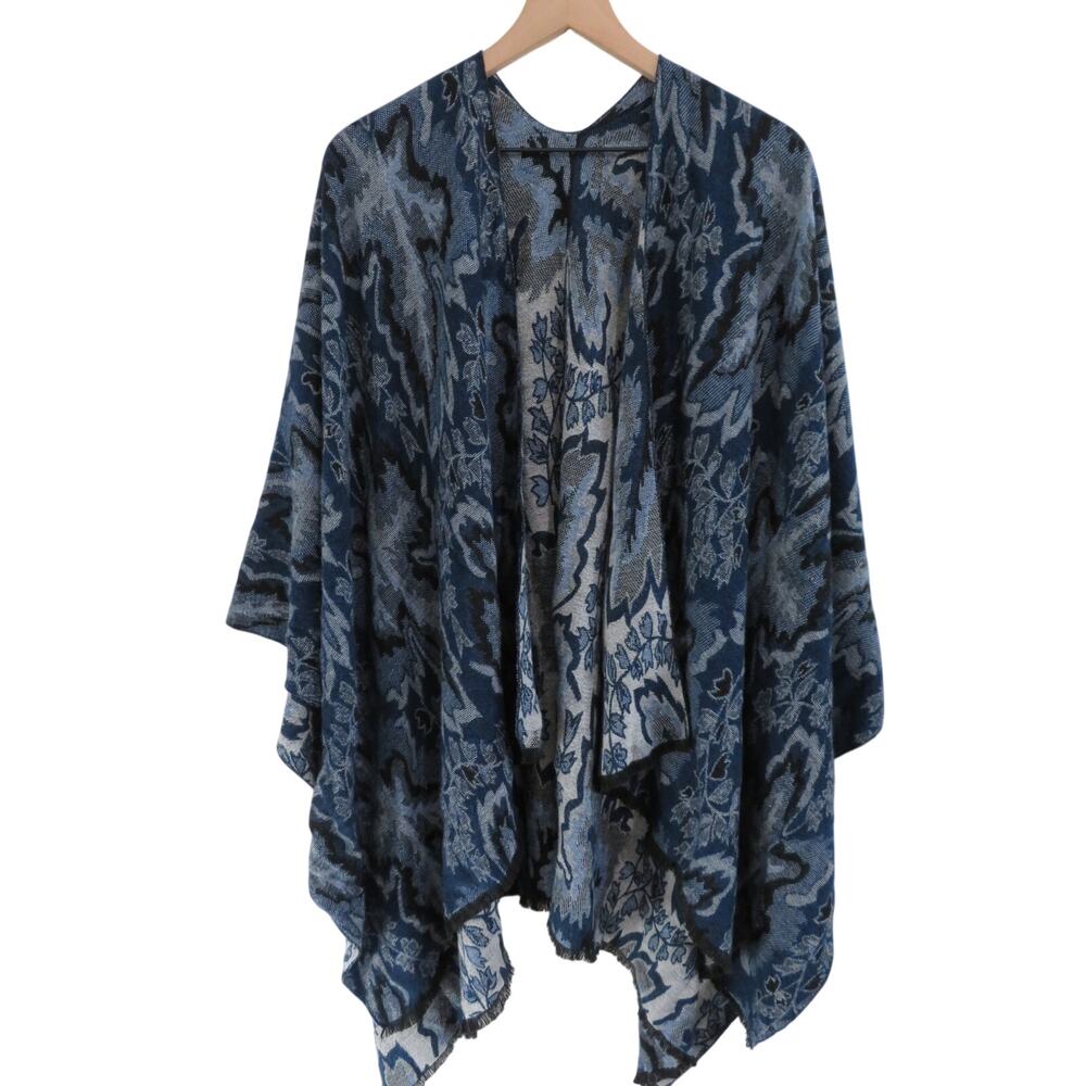 Rapti Cashmere Blue Black Reversible Wrap Poncho One Size Boho Ruana Shawl